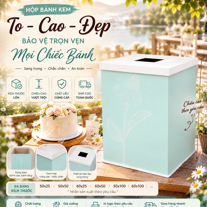 HỘP BÁNH KEM KÍCH THƯỚC LỚN – CHIỀU CAO THEO YÊU CẦU