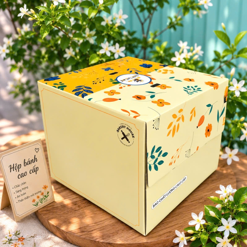Hộp bánh sinh nhật  vàng hoa độ cao 20cm