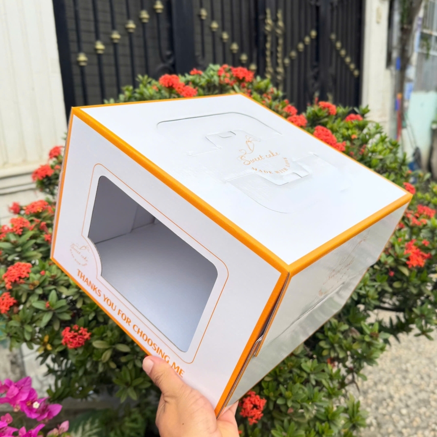 Mẫu Hộp Bánh Sinh Nhật Màu Cam Nắng ( Cam Ngọc ) - Độ cao 20cm - Tặng miễn phí cửa sổ kính nhìn xuyên qua bánh